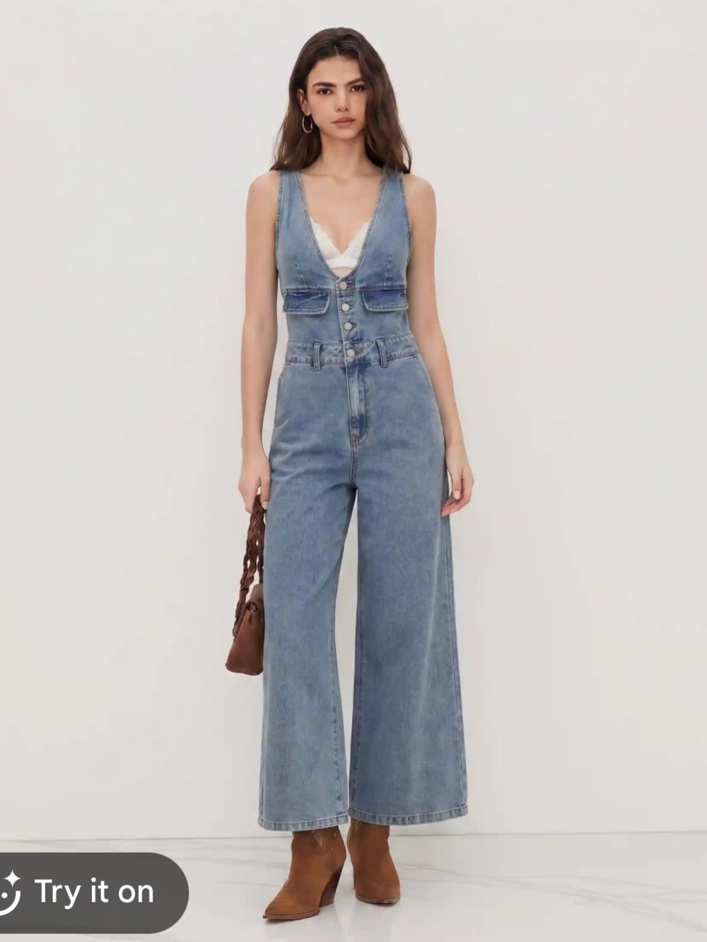 Cider Denim V-neck Button Pocket Wide Leg Jumpsuit 12